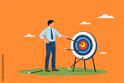 analyze the achievement of business targets, examine whether the marketing strategy suits the target audience, evaluating the competition in target market, businessman checking arrows on target board