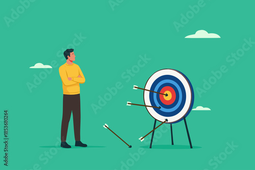 analyze the achievement of business targets, examine whether the marketing strategy suits the target audience, evaluating the competition in target market, businessman checking arrows on target board
