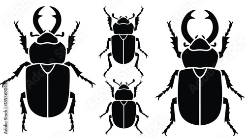 A collection of black and white stag beetle illustrations in varying sizes