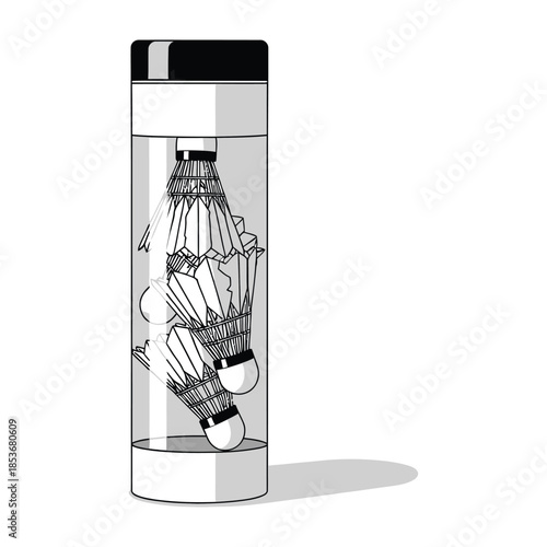 Illustrated badminton equipment in cylinder isolated on white background