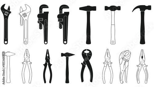 A collection of various hand tools including wrenches pliers and hammers