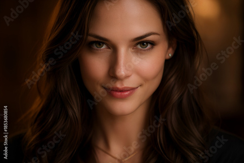 Elegant Portrait: A captivating portrait of a woman whose eyes reflect depth and a subtle smile hinting at inner contentment and beauty. The composition focuses on her expressive features.