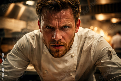 Intensity in the Kitchen: A chef with focused and determined gaze, bathed in the warmth of the culinary environment, epitomizes the passion for his craft.