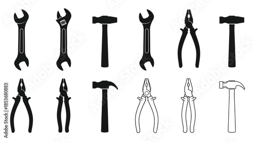 Collection of various hand tools wrenches pliers and hammers in black and white