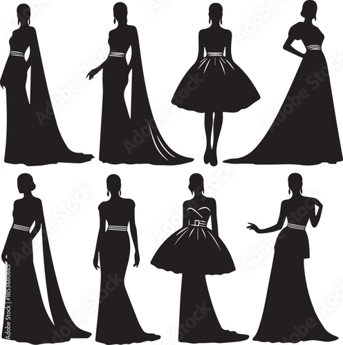 Fashion Silhouettes of Elegant Women in Luxury Evening Gowns and Haute Couture Dresses