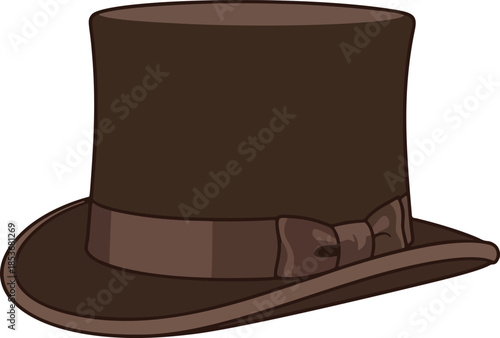 Brown vintage top hat with a ribbon bow. Classic gentleman's accessory in a cartoon vector illustration style, isolated on a white background.

