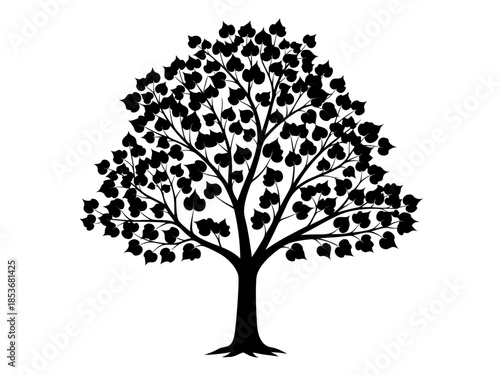 Silhouette of a large deciduous tree with a thick trunk and a sprawling canopy of leaves, symbolizing nature and growth