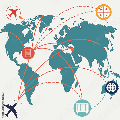 Global shipping routes map with airplane and cargo