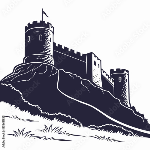 Medieval castle on a hill with towers and flag