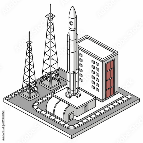 Isometric view of a rocket on a launchpad with towers and a building
