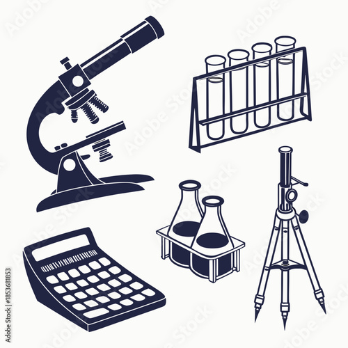 Laboratory equipment including microscope, test tubes, calculator, flasks, and compass