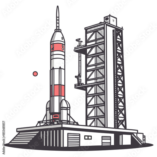 Rocket on launchpad with tower space spacecraft