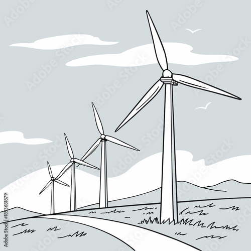 Wind turbines on a hillside with clouds and birds renewable energy