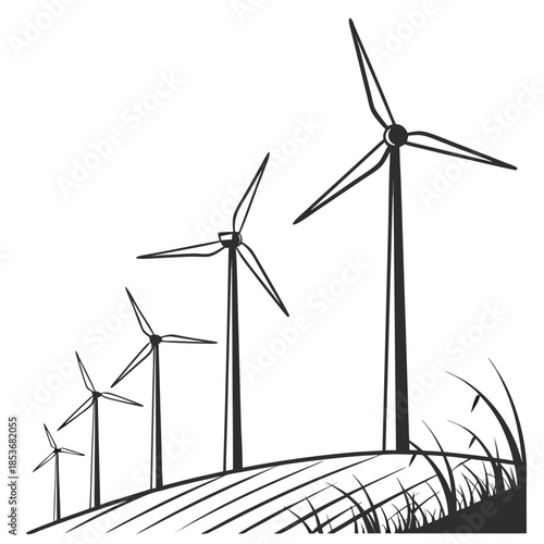 Wind turbines on a hillside in a black and white grass