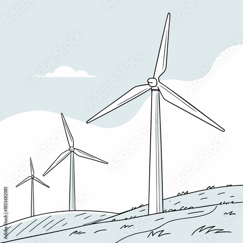 Wind turbines on rolling hills with subtle shading and clean outlines