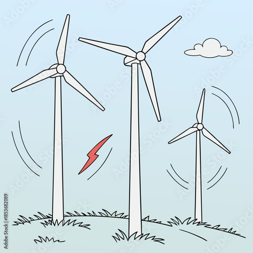Wind turbines in different rotational phases with lightning bolt