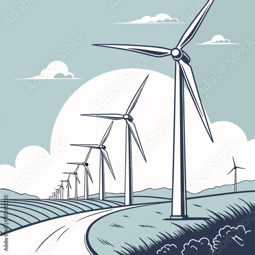 Wind turbines positioned in a flowing diagonal arrangement