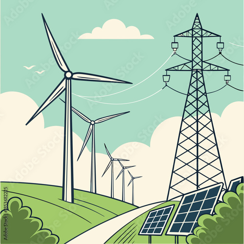 Wind turbines and solar panels on a green hill with power lines