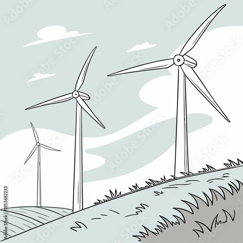 Wind turbines on a gentle hill with implied motion