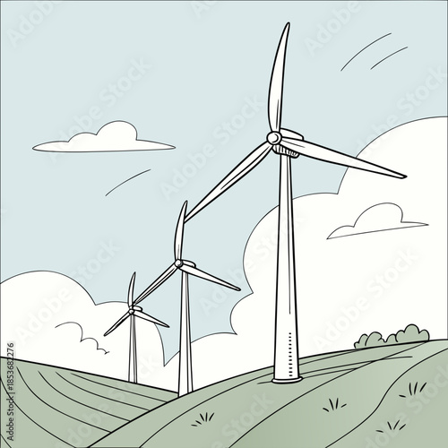 Wind turbines on rolling green hills under blue sky with clouds