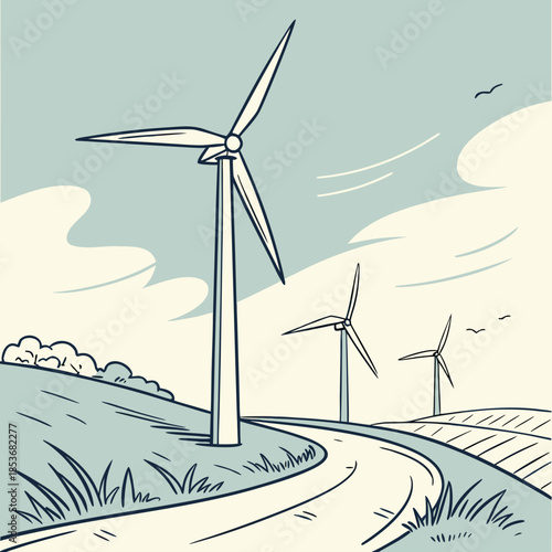 Wind turbines on rolling hills with winding road renewable energy