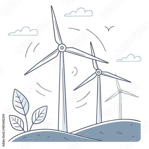Wind turbines on a hill with clouds and leaves renewable energy