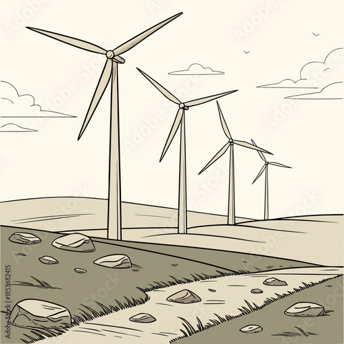 Wind turbines on a rocky hillside with clouds wind farm