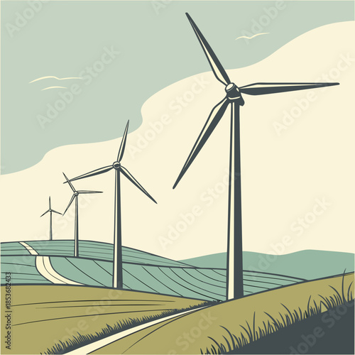 Wind turbines on rolling hills with road renewable energy