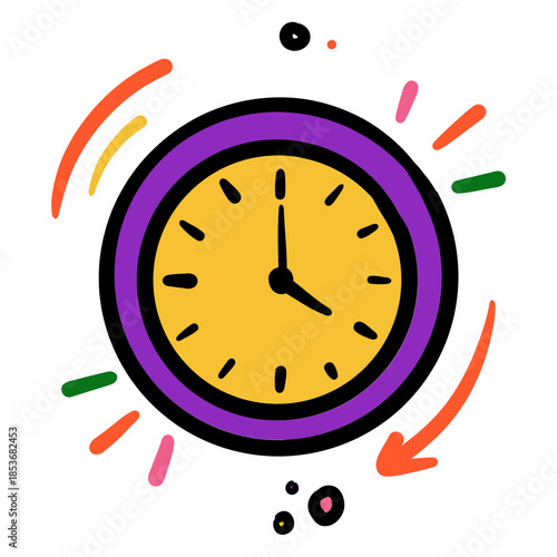 Hand-drawn clock with colorful bursts for a sense of urgency or celebration