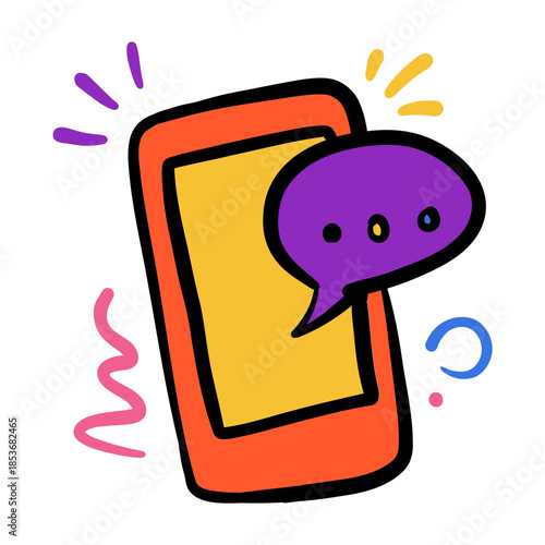 Hand-drawn doodle style smartphone notification with speech bubble for communication concept