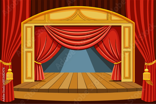 Classic wooden stage with red curtains in an empty theater interior