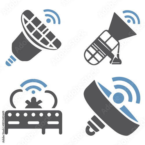 Wireless transmission and global communication icon pack. This vector icon set features satellite antennas and wireless communication symbols. Ideal for broadcasting, telecom projects.