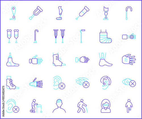 Set of Disability People Pictograms Icons. Contains such Icons as Disabled health care, medical tools, equipment stick figure, crutches, wheelchair, cane, electric wheelchair, power scooter