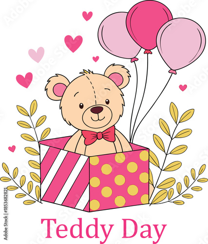 Cute teddy bear illustration in a gift box for teddy day celebration