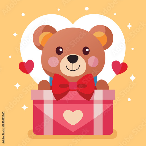 Adorable teddy bear illustration emerging from a gift box for a celebration of love