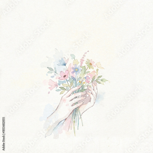 Hands holding a colorful bouquet of flowers in soft watercolor style  