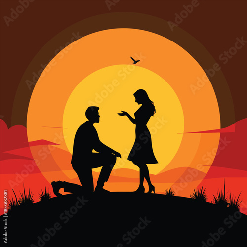 Romantic silhouette illustration of a man kneeling and proposing to a woman on a hill during sunset