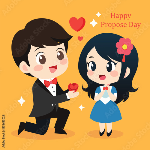 A cute cartoon couple celebrating happy propose day with a heartfelt proposal