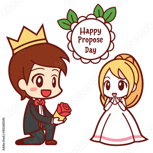 Adorable cartoon prince proposes to his princess with a red rose on propose day