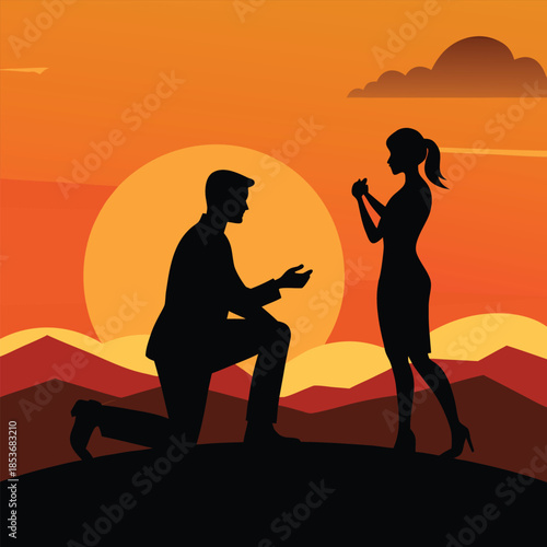 A romantic marriage proposal silhouette against a beautiful sunset sky with mountains