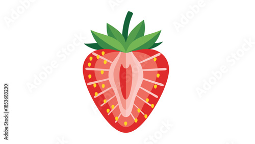 Strawberry with green leaves and cutaway.