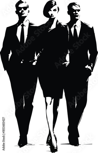Three sharply dressed business professionals walking forward in high contrast silhouette style