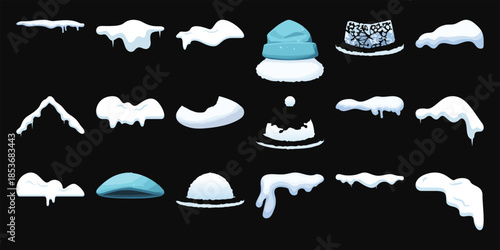 Collection of cartoon snow drifts, icicles, and winter hats on a black background