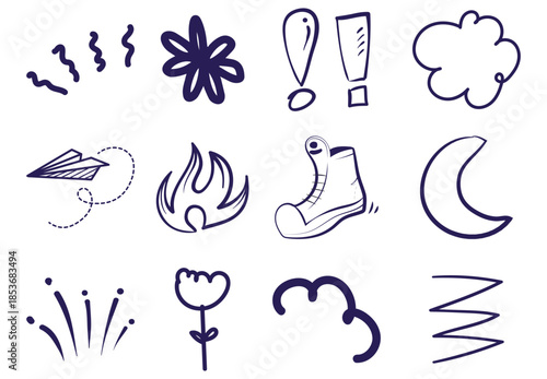 Collection of Hand-Drawn Doodle Icons: Cloud, Fire, Boot, Flower, and More