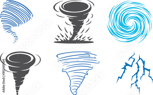 Collection of Tornado and Lightning Icons Representing Storms and Natural Disasters