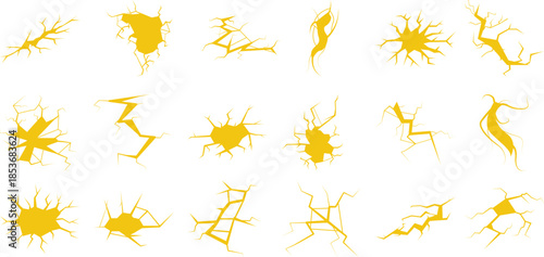 Collection of Yellow Cracked and Broken Glass Effects on White Background