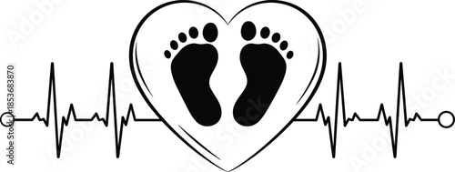 Baby footprints inside heart with heartbeat line illustration, newborn love symbol, maternity care concept, family health minimalist design