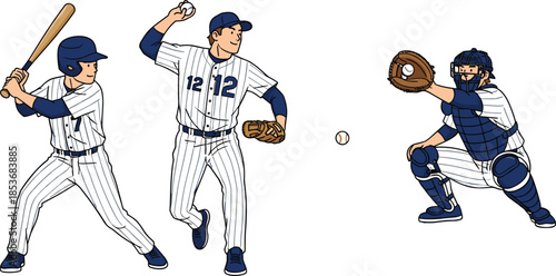 Baseball players illustration set showing batter pitcher and catcher in action, professional team sport concept vector isolated on white