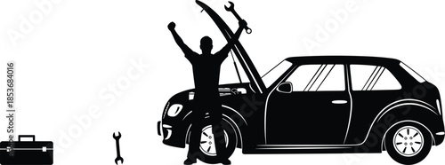 Car breakdown silhouette with frustrated driver raising arms beside vehicle, roadside repair concept, mechanical failure problem, black and white illustration