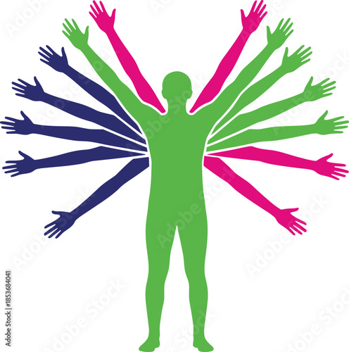 Colorful human silhouette with multiple arms symbolizing diversity, multitasking, teamwork, productivity, inclusion, creativity, balance, and modern collaborative potential concept